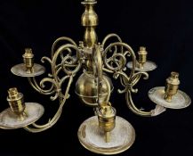 DUTCH STYLE SIX-BRANCH BRASS CEILING LIGHT, candle sconces re-ftted with light sockets, 48cm diam.