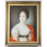 EARLY 19TH CENTURY ENGLISH SCHOOL, pastel - portrait of a young lady in muslin dress with red shawl,