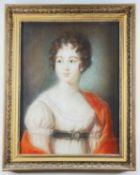 EARLY 19TH CENTURY ENGLISH SCHOOL, pastel - portrait of a young lady in muslin dress with red shawl,