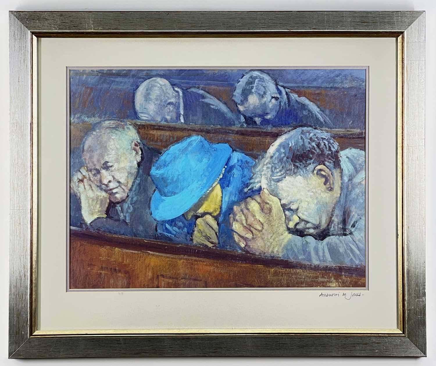 ‡ ANEURIN JONES, colour print - Congregation, Chapel goers praying, signed in pencil on the mount,