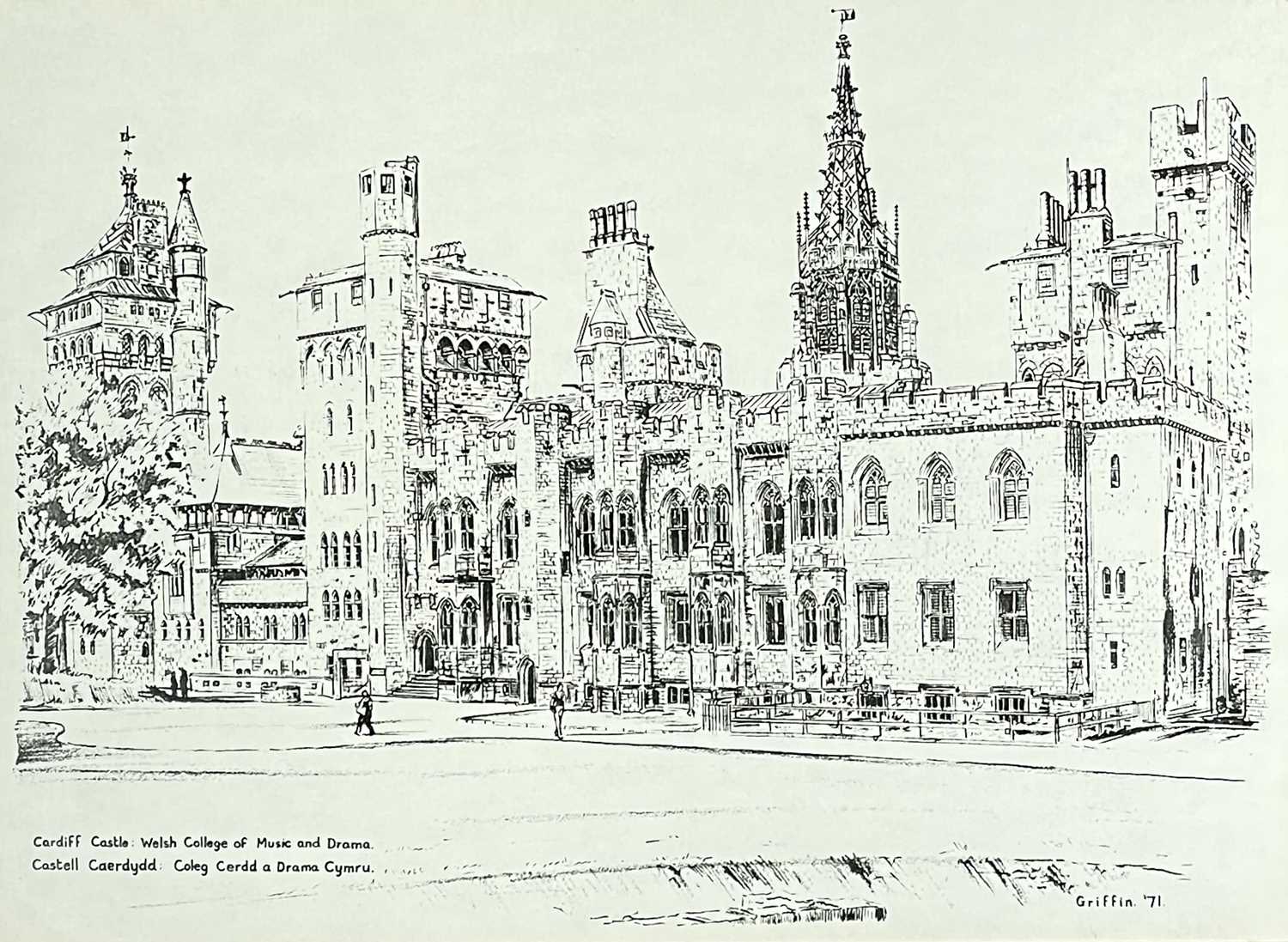 ‡ CHRIS GRIFFIN monoprint - entitled 'Cardiff Castle: Welsh College of Music and Drama', dated 1971,