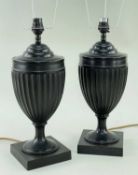 PAIR CLASSICAL STYLE BRONZE URN TABLE LAMPS, probably by Kullman (Holland), fluted form, on square