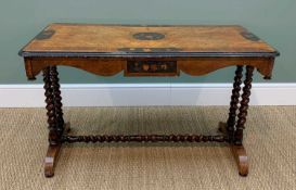 VICTORIAN WALNUT, ROSEWOOD & MARQUETRY CENTRE TABLE, moulded ebonised top, shaped frieze,baluster