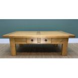 MODERN JOINED OAK COFFEE TABLE, fitted small frieze drawer, 141w x 80d x 45cm h