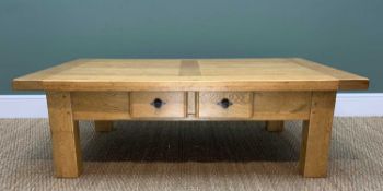 MODERN JOINED OAK COFFEE TABLE, fitted small frieze drawer, 141w x 80d x 45cm h