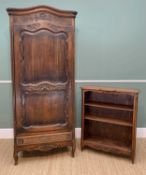 PROVINCIAL FRENCH STAINED CHESTNUT ARMOIRE, single door, 199cm h; and a similar dwarf BOOKCASE, 95cm
