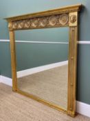 MODERN 19TH CENTURY STYLE GILT OVERMANTEL, circular floret and acanthus frieze between lion masks,