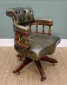 BRIGHTS OF NETTLEBED LEATHER CAPTAIN'S CHAIR, green leather button upholstered on swivel