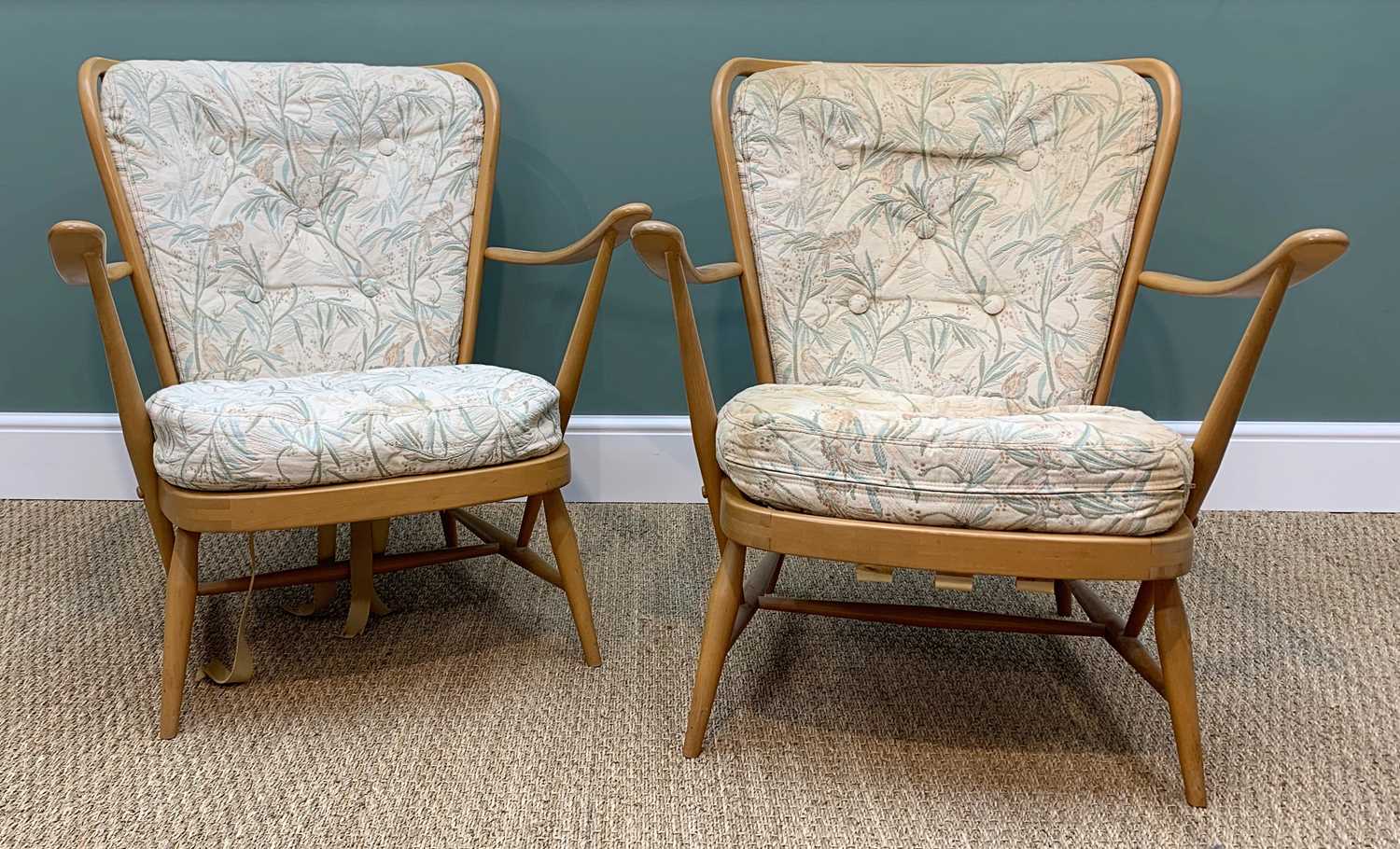 PAIR ERCOL LIGHT ELM '203' LOUNGE CHAIRS (2) Comments: foam severely degraded, coves with stains, - Image 2 of 7