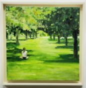 MORWENNA JONES oil on canvas - entitled 'Solitary Girl in Park', 45 x 45cms, while floating frame