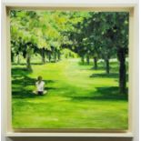 MORWENNA JONES oil on canvas - entitled 'Solitary Girl in Park', 45 x 45cms, while floating frame