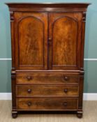 VICTORIAN WALNUT LINEN PRESS, arched panelled doors between leaf corbels, chest base, turned feet,