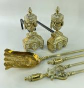 SET BRASS FIREPLACE FURNITURE, including pair of classical urn chenets, and matching set of three