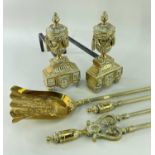 SET BRASS FIREPLACE FURNITURE, including pair of classical urn chenets, and matching set of three