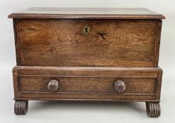 WELSH OAK COFFER BACH, moulded hinged lid, plain sides, fitted long drawer, on later reeded and
