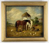 CIRCLE OF JOHN FREDERICK HERRING, oil on canvas - two horses feeding beside piglet, chickens, cow
