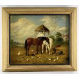 CIRCLE OF JOHN FREDERICK HERRING, oil on canvas - two horses feeding beside piglet, chickens, cow