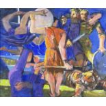 ‡ ELVET THOMAS oil on canvas - Greek mythology with Theseus, King of Athens, robed lady and slain