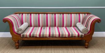 VICTORIAN WALNUT SCROLLED SETTEE, upholstered modern pink striped fabric, 2 bolsters, 270cms wide