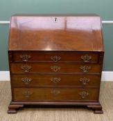 GEORGE III MAHOGANY BUREAU, angled fall revealing fitted interior of pigeon holes, drawers and