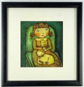 SUE MORGAN, acrylic on card - 'Girl with Cat', inscribed on Attic Gallery label verso, 16 x 14.5cm