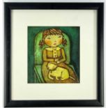 SUE MORGAN, acrylic on card - 'Girl with Cat', inscribed on Attic Gallery label verso, 16 x 14.5cm