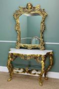 MODERN ITALIAN STYLE GILT RESIN CONSOLE TABLE & MIRROR, table with marble top, table 82h x 132w x