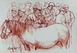 ‡ ANEURIN JONES red pen and ink - horse and group of standing farmers, entitled verso 'Llanybydder',