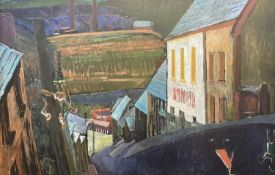 ‡ HEINZ KOPPEL oil on board - South Wales valleys terraced houses and distant colliery with child