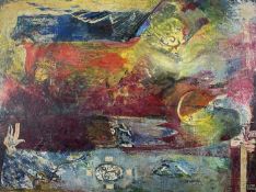 ‡ IVOR DAVIES oil on board - semi-abstract mythological landscape, signedDimensions: 92 x 122cms