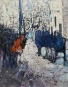 ‡ TERRY JONES large impasto oil on board - street scene with figures seated on bench talking to