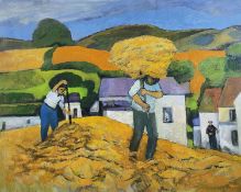 ‡ JOHN ELWYN acrylic on paper - figures harvesting corn with whitewashed buildings and pastoral