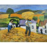 ‡ JOHN ELWYN acrylic on paper - figures harvesting corn with whitewashed buildings and pastoral