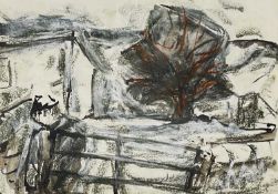 ‡ WILL ROBERTS gouache and charcoal - figure at gate in landscape with tree, signed with