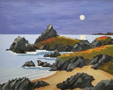 ‡ DAVID BARNES oil on board - Welsh coast under moonlight Ynys Mon (Anglesey), signed