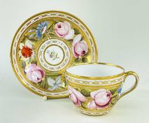 SWANSEA PORCELAIN TEA CUP & SAUCER circa 1815-1817, London decorated with summer flowers to a gilt