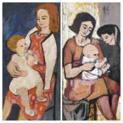 ‡ CLAUDIA WILLIAMS oil on board - mother with infant on her knee, signed and dated 1965 (and with