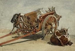 EDWARD DUNCAN watercolour and pencil - red cart, reclining cow and standing horse, signed and