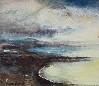 ‡ KAREN PEARCE watercolour - elevated view of Aberystwyth from Constitution Hill,