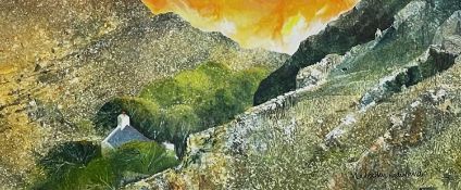 ‡ MALCOLM EDWARDS watercolour - mountainous landscape with farm, distant sheepdog and farmer,