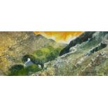 ‡ MALCOLM EDWARDS watercolour - mountainous landscape with farm, distant sheepdog and farmer,