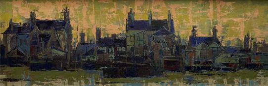 ‡ HYWEL HARRIES oil on board - entitled verso 'Borth Skyline', signedDimensions: 35 x