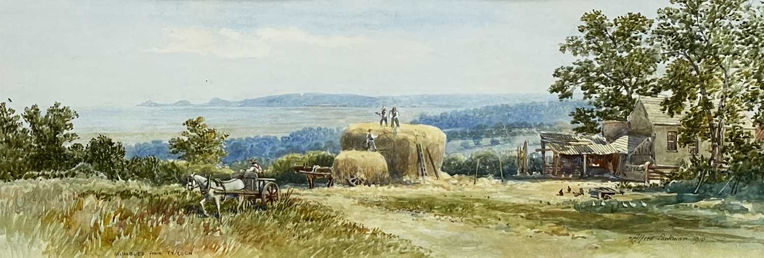 ALFRED PARKMAN watercolour - harvest scene with figures and horses, entitled 'Mumbles from Ty Coch',