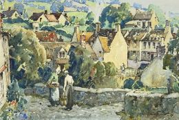 ‡ WILL EVANS watercolour - Cotswolds market town with figures and smoking chimneys, entitled