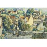 ‡ WILL EVANS watercolour - Cotswolds market town with figures and smoking chimneys, entitled