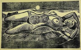 ARTHUR CHARLTON monochrome linocut - entitled 'Reclining Figure No.1', signed and dated 1979, signed