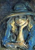 ‡ VALERIE GANZ oil on card - half portrait of young girl in bonnet, stated on the back of the