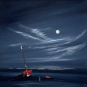 ‡ JAY NOTTINGHAM acrylic on board - moonlit coastal scene with red boat, signedDimensions: 49 x