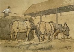 EDWARD DUNCAN pencil and watercolour - harvesting with two figures and three horses beside barn,
