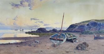 JOHN McDOUGAL large watercolour - shoreline with boats, figure mending lobster pots, signed and